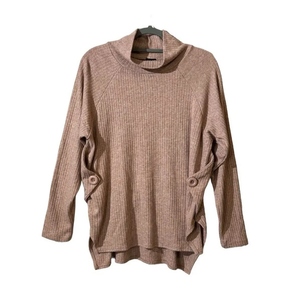 Coco+ Carmen Women's Pink Cowl Neck Ribbed Knit Button Sweater L Fisherman - Picture 1 of 9